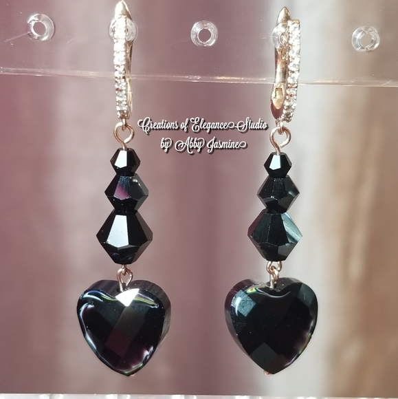 Black Handmade 925 Sterling Silver Heart Earrings - Picture 1 of 2